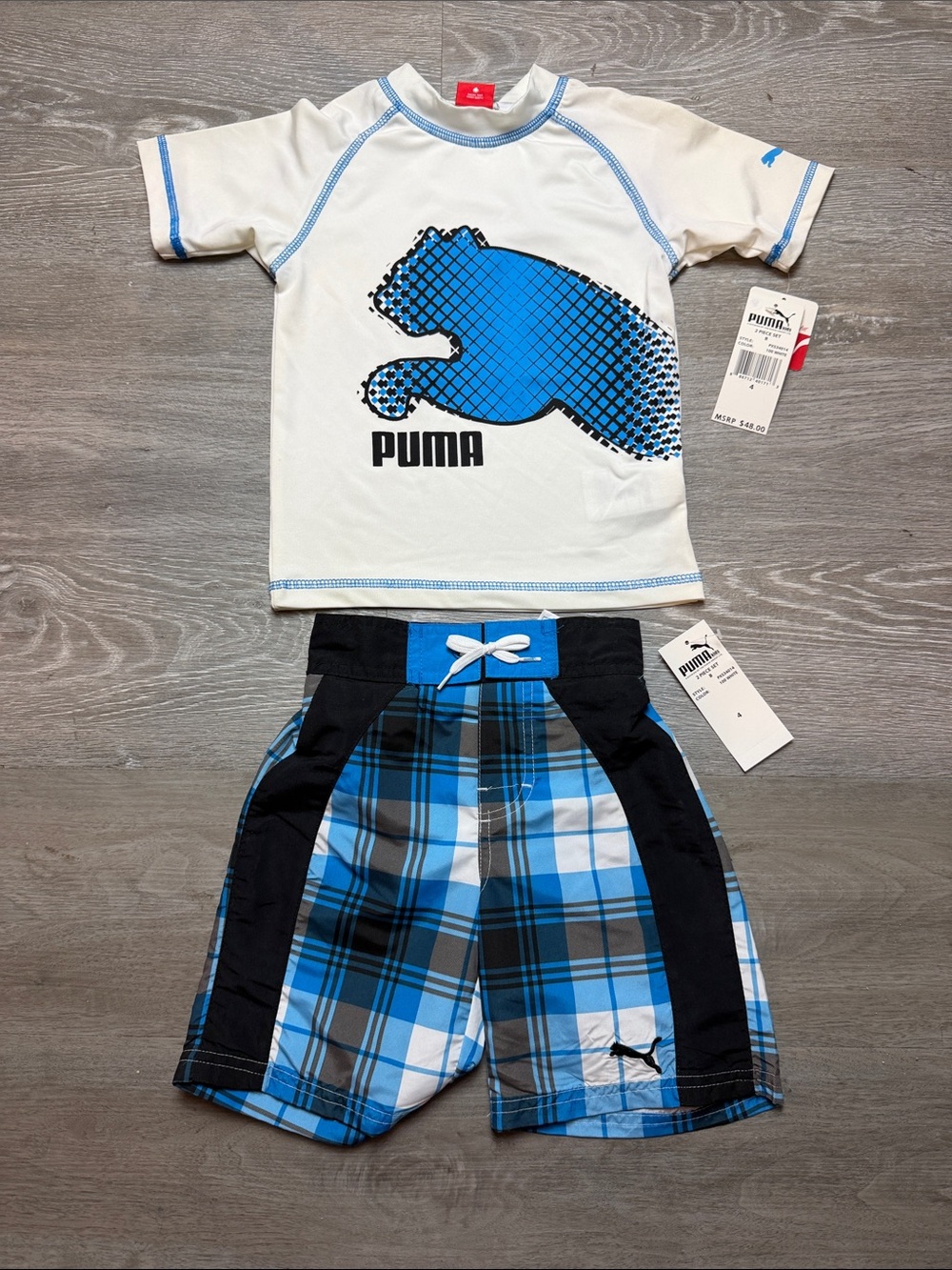 Puma White & Blue Kids Rash Guard Set with Plaid Swim Shorts Size 4 NEW